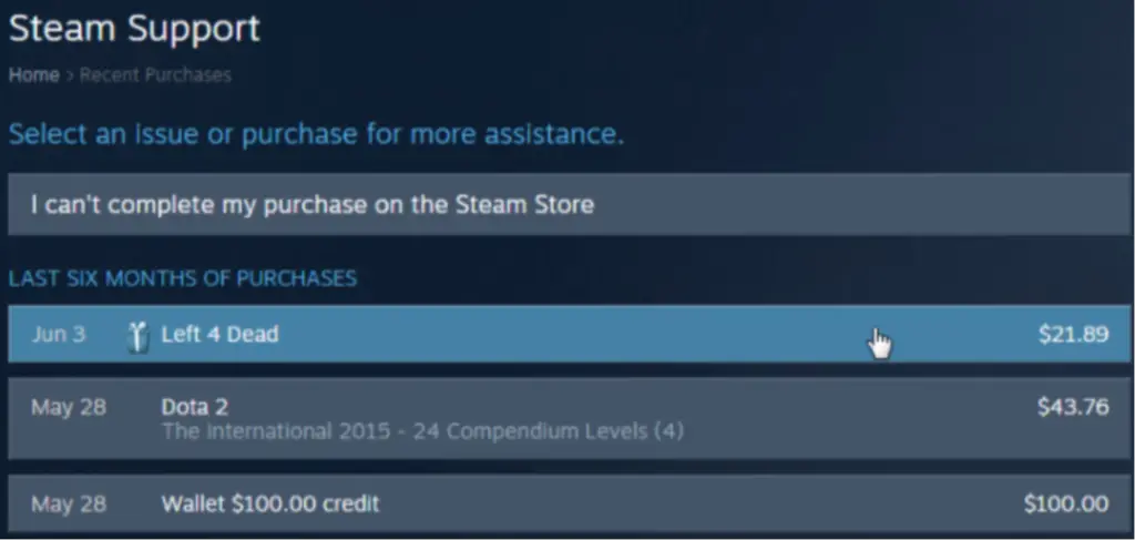 Step 3 of How to Get Refund On Steam: Select the Purchase