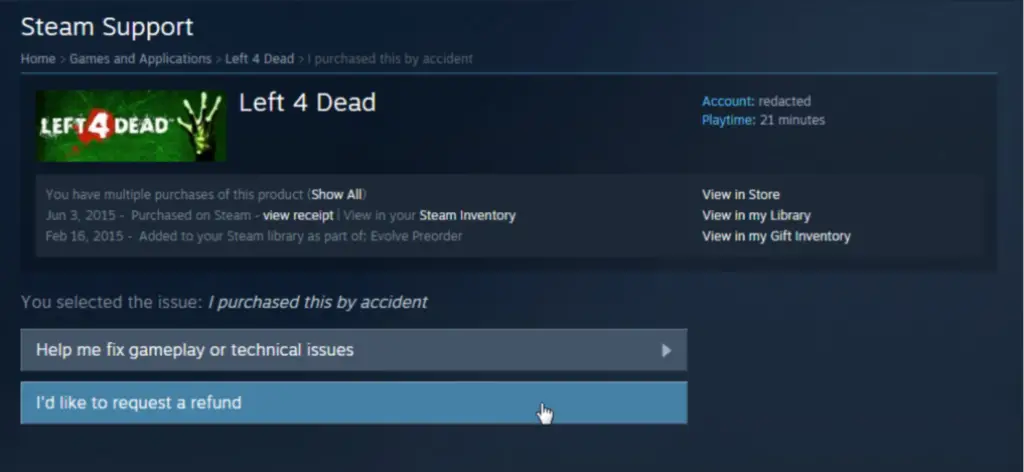Step 5 of How to Get Refund On Steam: Initiate the Refund Request