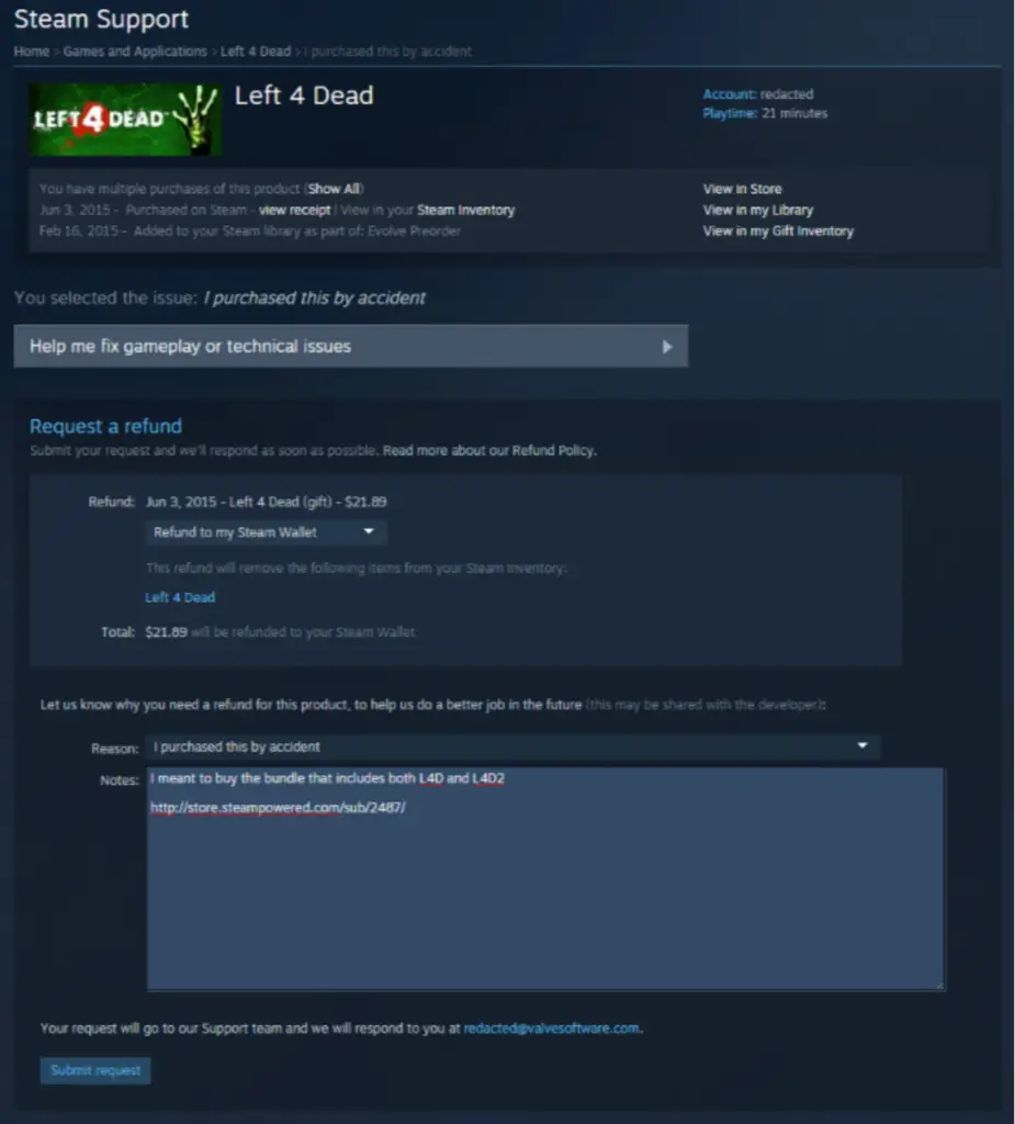 Step 6 of How to Get Refund On Steam: Fill Out the Request Form